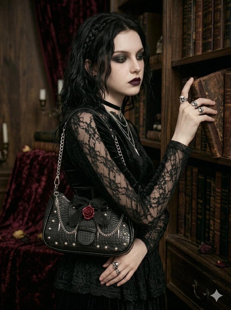 May include: Black handbag with a chain strap, studded details, and a red rose accent. The bag is part of a gothic-themed ensemble, with a black lace top and multiple silver necklaces. The image is set in a library with antique books.