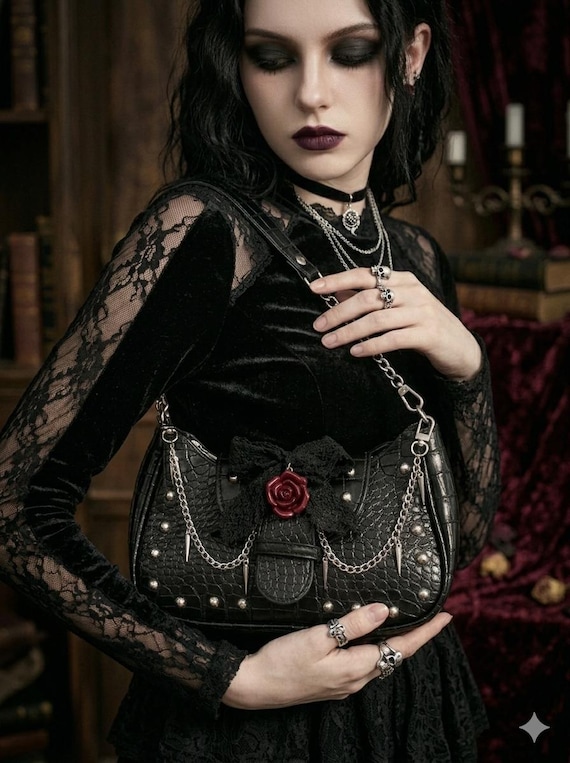 Y2K Goth Shoulder Bag, Dark Aesthetic Lace Purse