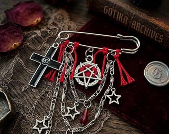 Mall Goth Pentagram & Cross Brooch - Modern Gothic Safety Pin"
