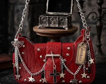 Red Gothic Bag, Grunge Punk Shoulder Purse, Aesthetic Gothic Purse