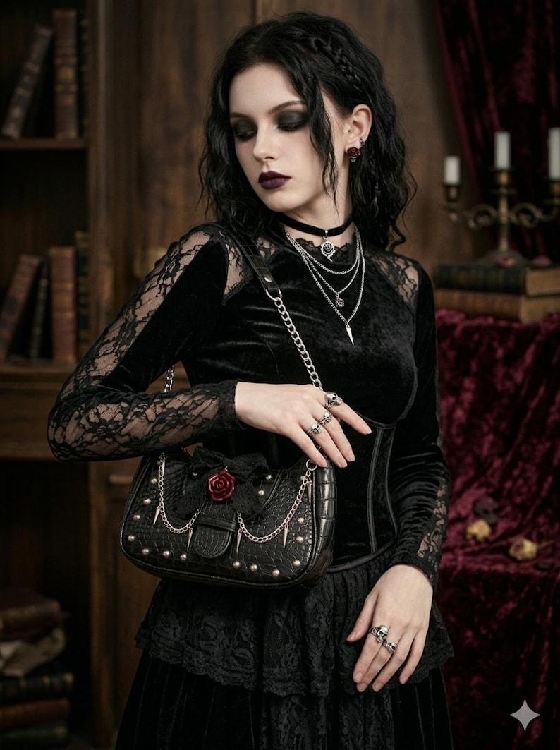 May include: Black handbag with silver chain straps, studs, and a red rose detail. The bag is held by a person wearing a black velvet top with lace sleeves, and multiple silver necklaces and rings. The style is gothic.