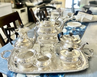 Vintage English Silver Plate Tea Set with Tray | EPNS 7 Pc Tea & Coffee Service | Teapot with Warming Stand | Classic Serveware