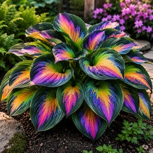 May include: A vibrant hosta plant with large, heart-shaped leaves. The leaves display a striking color gradient, transitioning from deep green to shades of yellow, orange, pink, and purple. The plant is surrounded by other greenery and sits in dark soil.