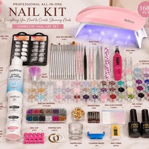 Professional Acrylic Nail Kit with UV Lamp & Electric Nail Drill, Complete Beginner Nail Art Set, Acrylic Powder, Glitter, Tips