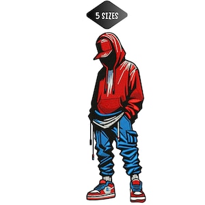 Puede incluir: Un parche bordado que muestra una figura estilizada con sudadera roja con capucha, gorra roja, pantalones cargo azules y zapatillas rojas y blancas. El rostro no es visible. Sobre la figura, una etiqueta negra indica 5 SIZES.
