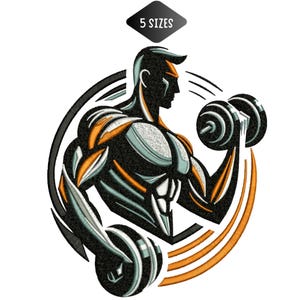 Op de afbeelding: Een gestileerde illustratie van een gespierde figuur die een halter optilt. Het ontwerp heeft een zwart silhouet met oranje en lichtblauwe accenten. De tekst "5 SIZES" staat in een zwarte ruit.