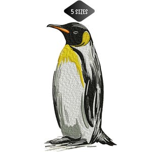 May include: Embroidered penguin design with black, white, and yellow details. The penguin has an orange beak and is standing upright. The image includes the text "5 SIZES" in a black diamond shape.