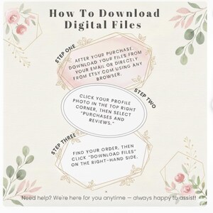 May include: An instructional graphic titled How To Download Digital Files with floral accents. It outlines three steps: downloading from email or Etsy, clicking the profile photo for Purchases and Reviews, and clicking Download Files. Includes a support note.