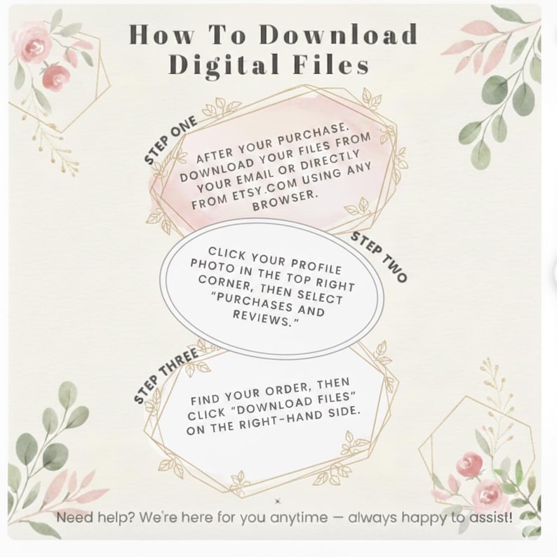 May include: An instructional graphic titled How To Download Digital Files with floral accents. It outlines three steps: downloading from email or Etsy, clicking the profile photo for Purchases and Reviews, and clicking Download Files. Includes a support note.