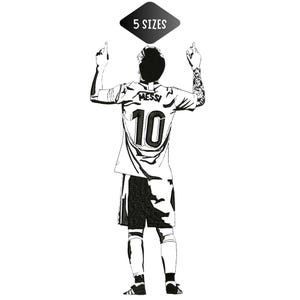 May include: A black and white embroidery design featuring a soccer player from behind, wearing a jersey with the name MESSI and the number 10. The player has both arms raised with fingers pointed upward. Above the figure is a black diamond shape with the text 5 SIZES.