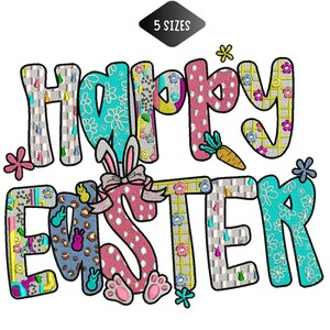 Happy Easter Embroidery Design, Cute Patchwork Bunny & Carrot Lettering Machine Pattern, Colorful Style File, Instant Download.