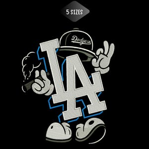 May include: An embroidered patch design on a black background featuring a cartoon character wearing a black Dodgers baseball cap, holding a cigar with smoke, and making a peace sign. The large white LA logo is centred with blue outlines.