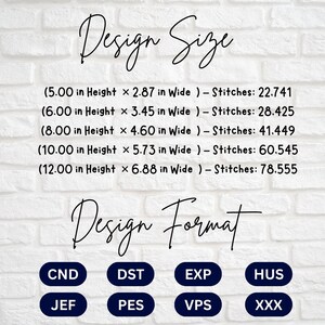 May include: A digital chart titled Design Size listing five embroidery dimensions in inches from 5.00 by 2.87 to 12.00 by 6.88 with corresponding stitch counts. Below, a Design Format section lists eight file extensions: CND, DST, EXP, HUS, JEF, PES, VPS, and XXX.