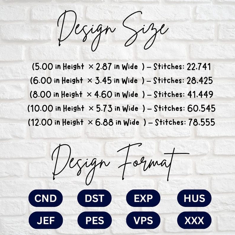 May include: A digital chart titled Design Size listing five embroidery dimensions in inches from 5.00 by 2.87 to 12.00 by 6.88 with corresponding stitch counts. Below, a Design Format section lists eight file extensions: CND, DST, EXP, HUS, JEF, PES, VPS, and XXX.