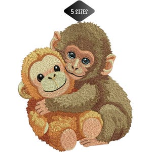 May include: Embroidered design of two monkeys hugging. One monkey is brown, and the other is orange. The monkeys have smiling faces and blue eyes. The text "5 SIZES" is in a black diamond shape.