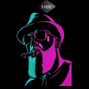 May include: Neon-style graphic of a man with a beard, sunglasses, and a hat, smoking a cigar. The image features teal and magenta highlights against a black background. The text "5 SIZES" is in a diamond shape at the top.
