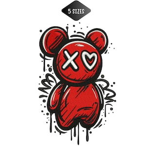 May include: Red teddy bear graphic with black outlines and graffiti-style accents. The bear has an X and a heart for eyes. The text "5 SIZES" is in a black diamond shape above the bear.
