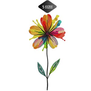May include: A colorful embroidered flower design with a black stem and green leaves. The flower has petals in shades of red, orange, yellow, pink, and blue. The image includes the text "5 SIZES" in a black diamond shape.