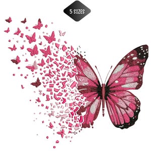 Può includere: Un disegno di farfalla rosa con un effetto frammentato, con farfalle di varie dimensioni e pezzi rotti. Il disegno include il testo "5 SIZES" in un rombo nero.