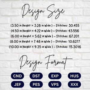 May include: A white brick background with the text "Design Size" and size details in inches and stitches. Below, the text "Design Format" is followed by format abbreviations: CND, DST, EXP, HUS, JEF, PES, VPS, and XXX.