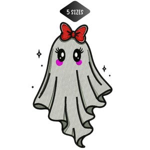 May include: An embroidered ghost design featuring a light gray sheet with black outlines, large black eyes with white highlights, long eyelashes, bright pink circular cheeks, and a red bow on top. The text 5 SIZES appears above with four stars.