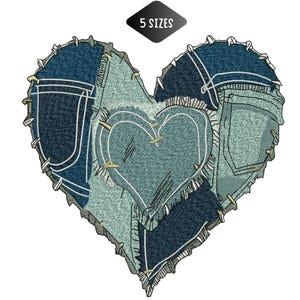 May include: An embroidery design of a heart shape composed of various denim fabric patches in shades of dark and light blue. The design features visible stitching, frayed edges, and pocket details, with the text 5 SIZES displayed above.