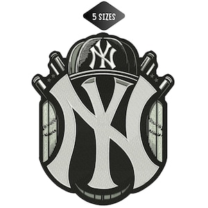 May include: An embroidered patch featuring the New York Yankees logo in white and black thread. The design includes a baseball cap with the NY emblem, two crossed baseball bats, and the text 5 SIZES displayed in a black diamond shape above.
