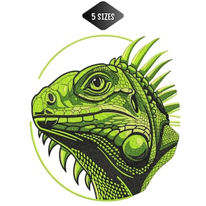May include: An embroidered patch design featuring a detailed profile of a green iguana head with textured scales, sharp spikes along the neck, and a dark eye. The design is framed by a thin green circular line and includes the text 5 SIZES at the top.
