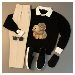 May include: An ensemble featuring a black sweater with a monkey graphic, cream-colored pants, black sunglasses, a wristwatch, black slip-on shoes, and black socks. The sweater has a white collar and cuffs. The outfit is arranged on a gray surface.