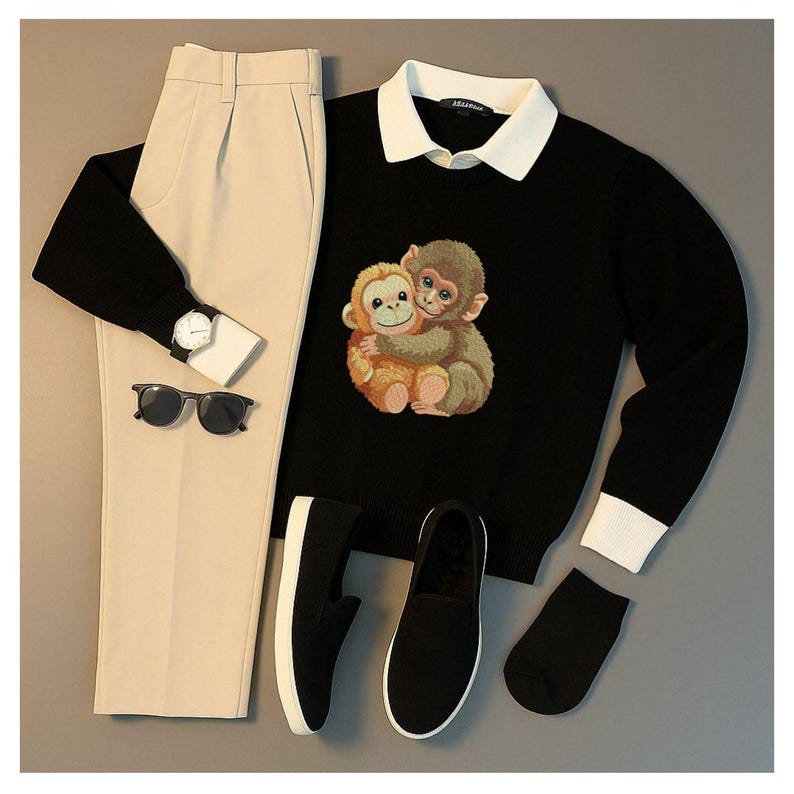 May include: An ensemble featuring a black sweater with a monkey graphic, cream-colored pants, black sunglasses, a wristwatch, black slip-on shoes, and black socks. The sweater has a white collar and cuffs. The outfit is arranged on a gray surface.