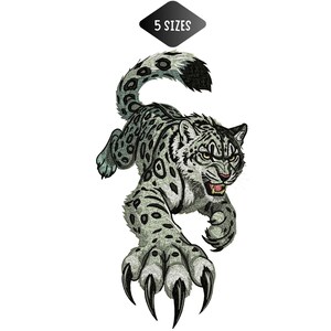 May include: A detailed illustration of a snow leopard in a dynamic pose, with its claws extended and mouth open. The animal is depicted in shades of gray and black, with a white background. The image includes the text "5 SIZES" in a black diamond.