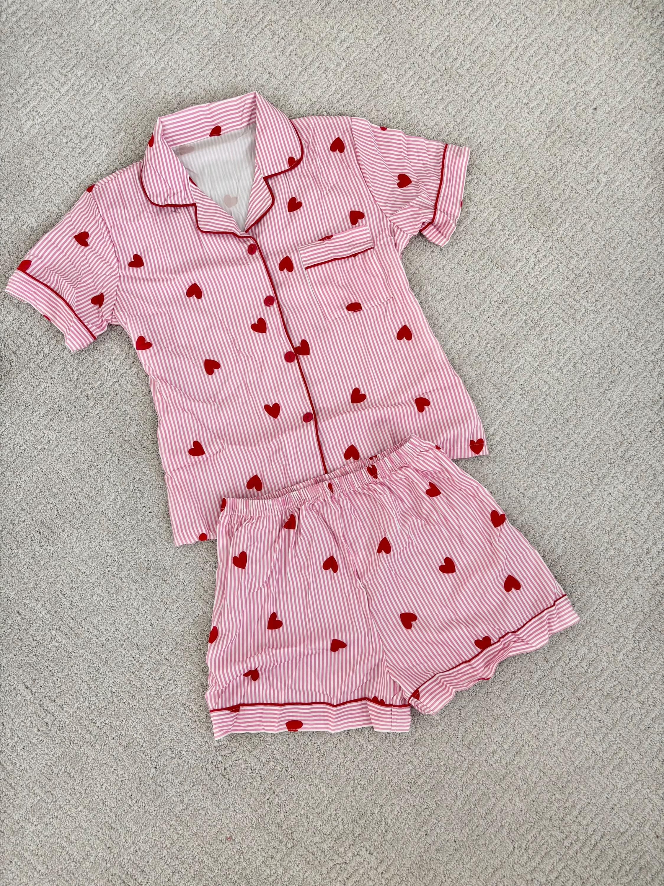 Red & Pink Striped Little Heart Pajamas Set - Cute Pink Heart Pattern ...