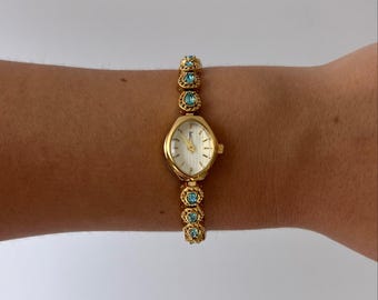 Orologio da donna Jo Jasmine Vintage Blue Stone Diamond Gold Dainty - Regalo per lei