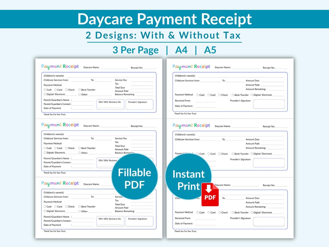 Daycare Payment Receipt Template | Child Care Receipt Printable ...