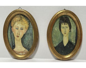 VTG Modigliani Style Oval Gold Frame Portrait Wall Art  Set of 2 Italian Elegant