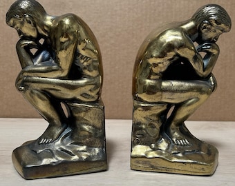 VTG 1928  The Thinker Pair Sculpture cast Brass Bookends Library Decor  Statues