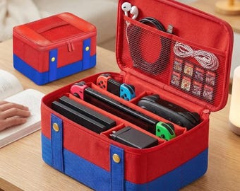 Estuche de transporte estilo Mario para Switch 2: bolsa protectora rígida para guardar accesorios de juego.