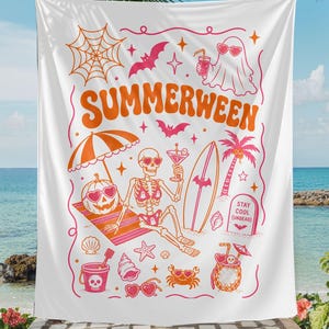 May include: A white tapestry featuring orange and pink illustrations of a skeleton, a jack-o'-lantern, a ghost, a surfboard, and a palm tree. The text reads SUMMERWEEN and STAY COOL (UNDEAD). Includes bats, seashells, and a cocktail drink.