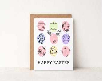 Happy Easter Card | Hand Drawn Bright Easter Egg Card | Pastel Spring Greeting Card | Easter Basket Card