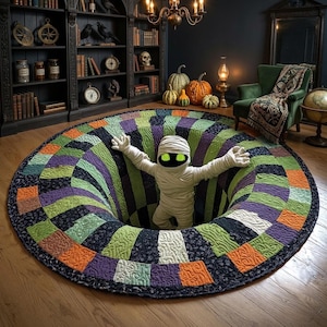 Puede incluir: Una alfombra redonda acolchada con una ilusión óptica 3D de un agujero profundo en espiral en tonos naranja, morado, verde y negro. Una figura de momia blanca de peluche con ojos verdes brillantes emerge del centro de la alfombra con los brazos.