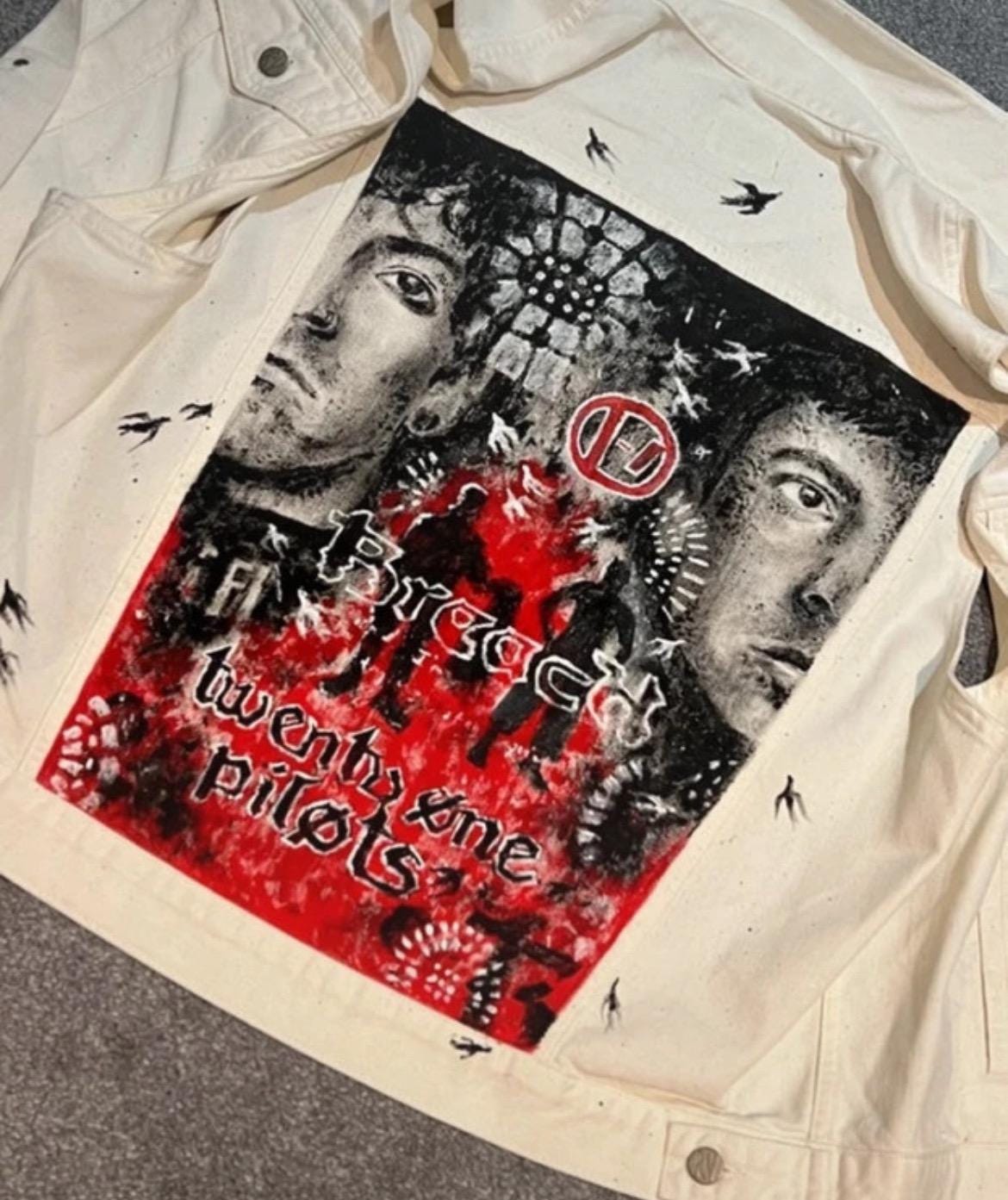 Sleeveless white denim jacket oversized denim jacket handpainted twenty one pilots jean jacket style top festival outfit breach Clancy