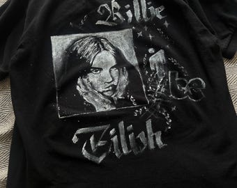 Billie Eilish handmade polo shirt black and white checked detail Custom painted bilów eilish handmade merch unique one of a kind polo shirt