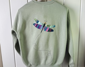 Medium - Mint Green Sweater, Patchwork Dragonfly Sweatshirt, Handmade appliqué, Wearable Art