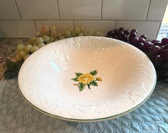 Vintage Embossed White Ceramic Serving Bowl | Hand-Painted Yellow Floral & Raised Fruit Rim Motif