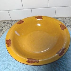May include: A round, mustard-yellow ceramic bowl featuring a wide rim decorated with evenly spaced, dark brown insect motifs. The interior of the bowl is smooth and glossy, with a small white mark visible on the upper left side of the rim.