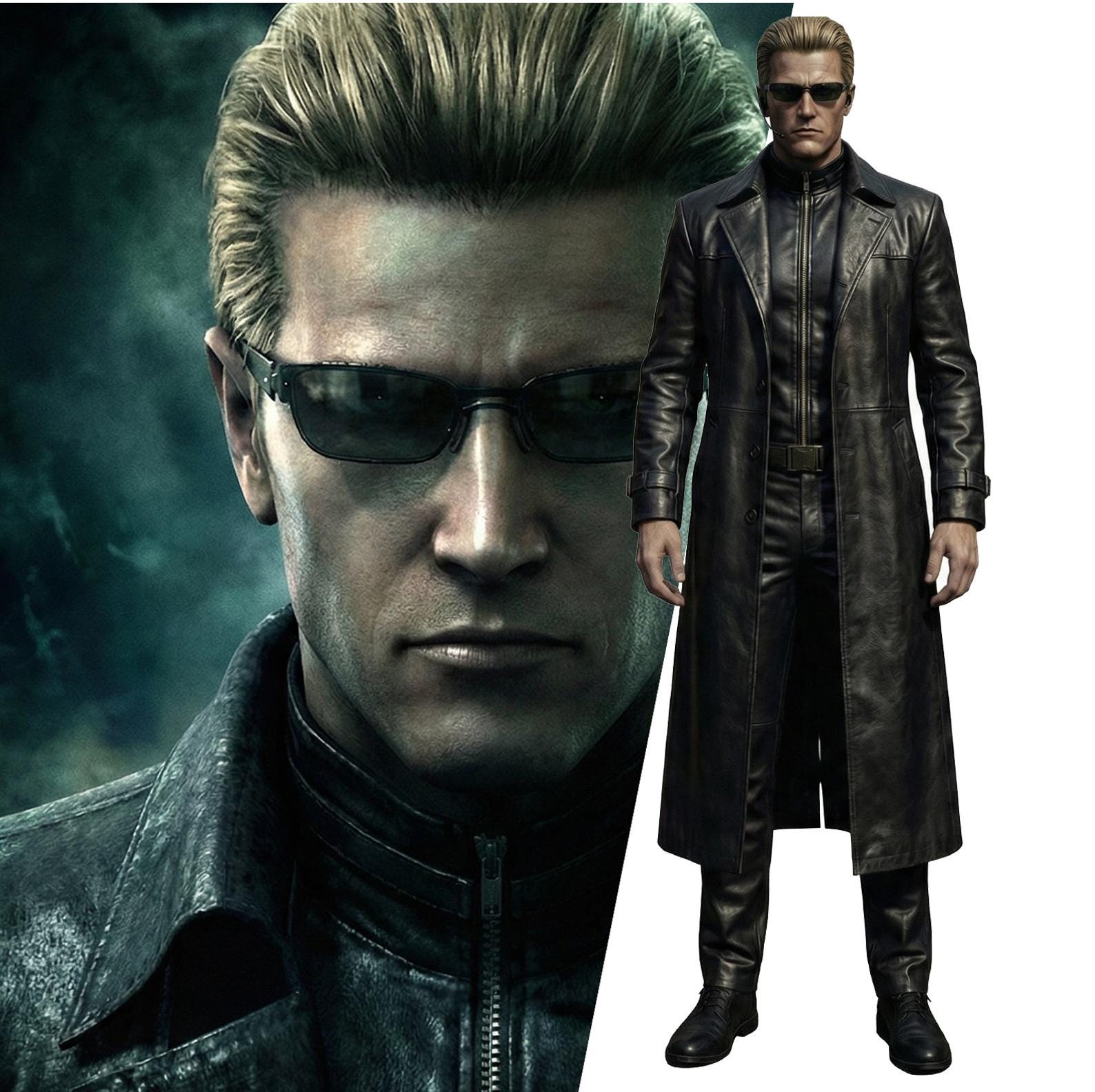 豪華✨リアルレザー＆リアルファー ベルテッドコート ゴートレザー ブラック Men's Albert Wesker Leather Trench Coat - Resident Evil 5 Cosplay