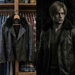 2026 Style Vintage Double Tone Shade Leon S Kennedy Evil Leather Jacket Resident - Handmade Fur Collar Horror Style Cosplay