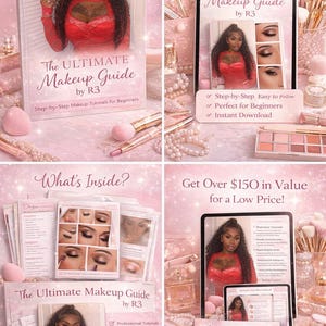 May include: A pink-themed promotional image for a makeup guide. The guide, titled "The Ultimate Makeup Guide by R3," is displayed on a book and a tablet. The image includes makeup brushes, palettes, and text: "Learn How to Do Your Makeup Like a Pro!"