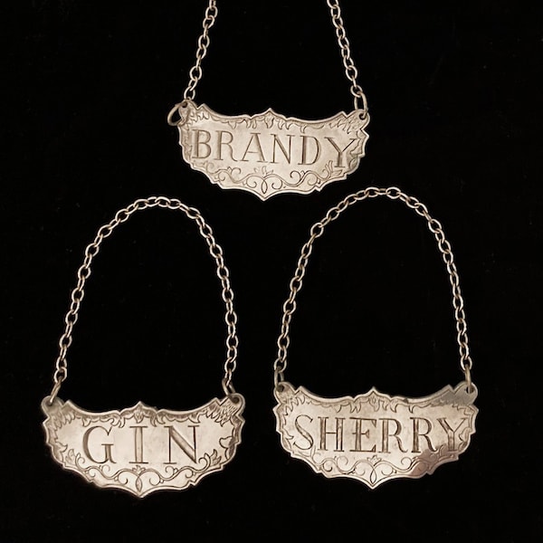 Liquor Decanter Label Pewter Tags Stieff Barware Brandy Gin Sherry Decorative Bottle Name Tags