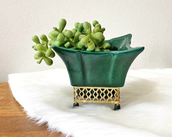 Small Green Midcentury Planter Gilner Pottery MCM Gold Open Frame Base 50's House Plant Square Vase Succulent Air Plant Indoor Container